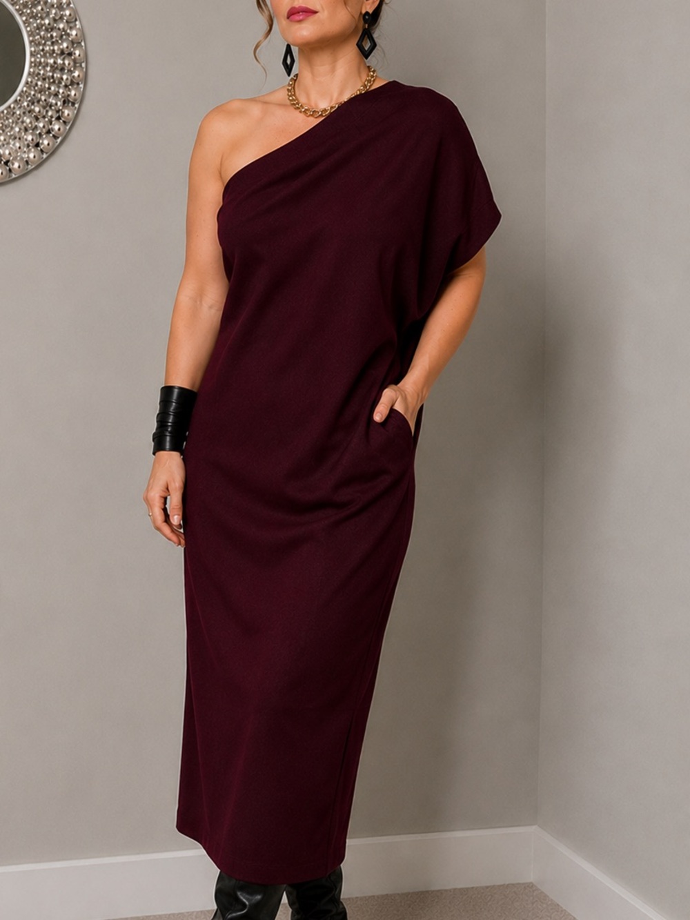 Zero+Maria Carnejo Rich Burgandy 1-Shoulder Draped Midi Dress. Size 10. Like New